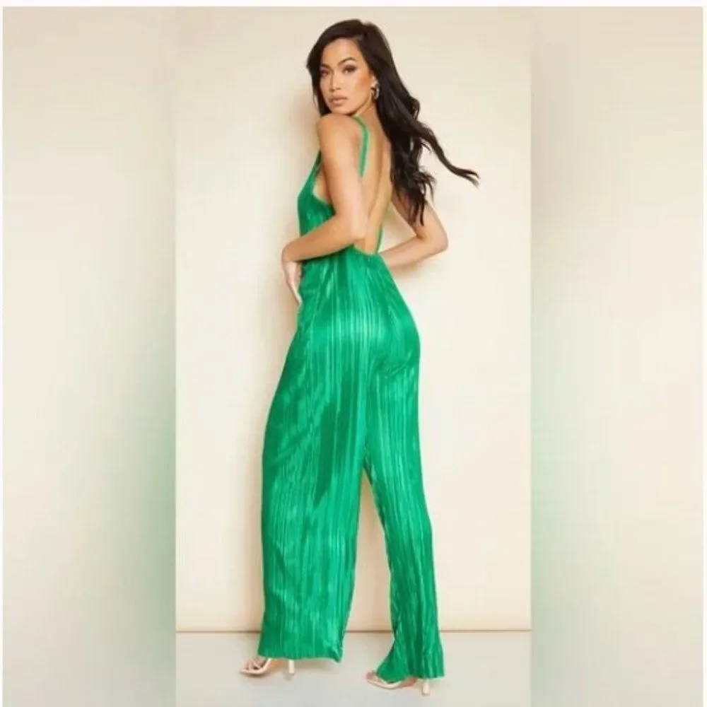 Green plisse plunge strappy jumpsuit - Picture 4 of 7